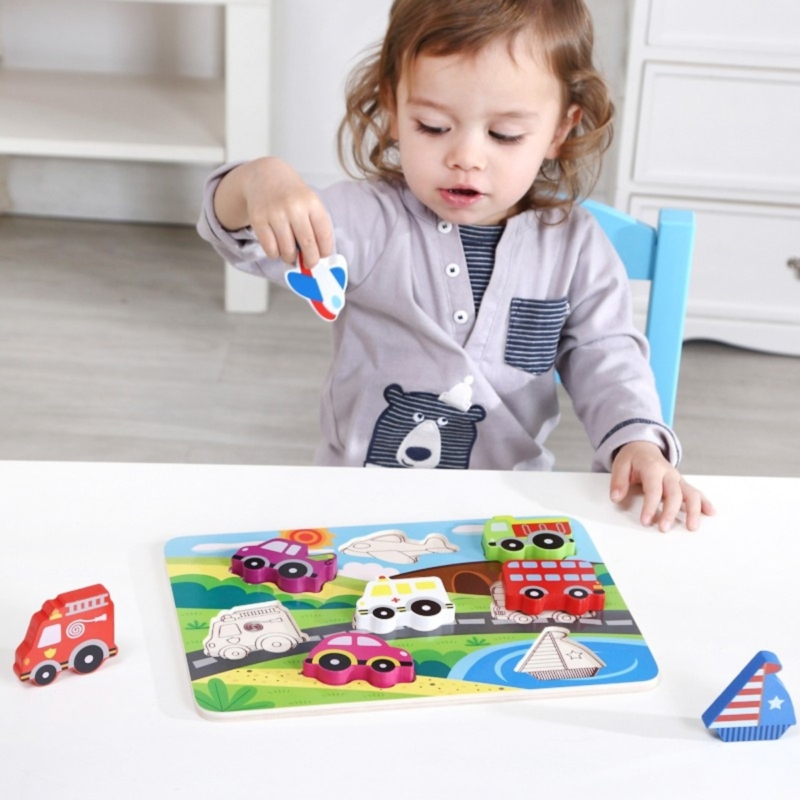 Tooky Toy spalvota medinė dėlionė "Transportas"