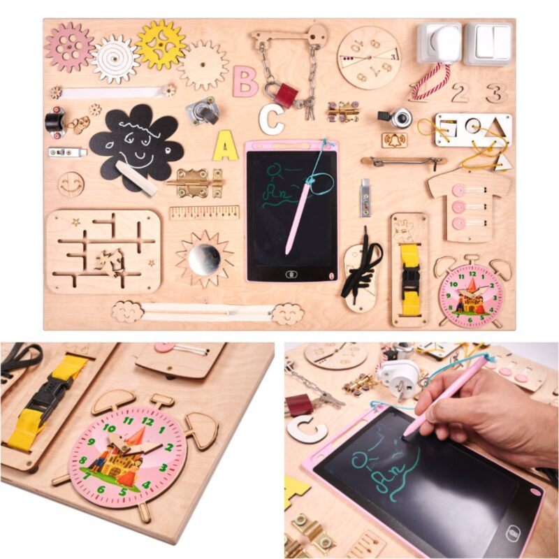 Medinė sensorinė manipuliavimo lenta 75x50 cm, rožinė