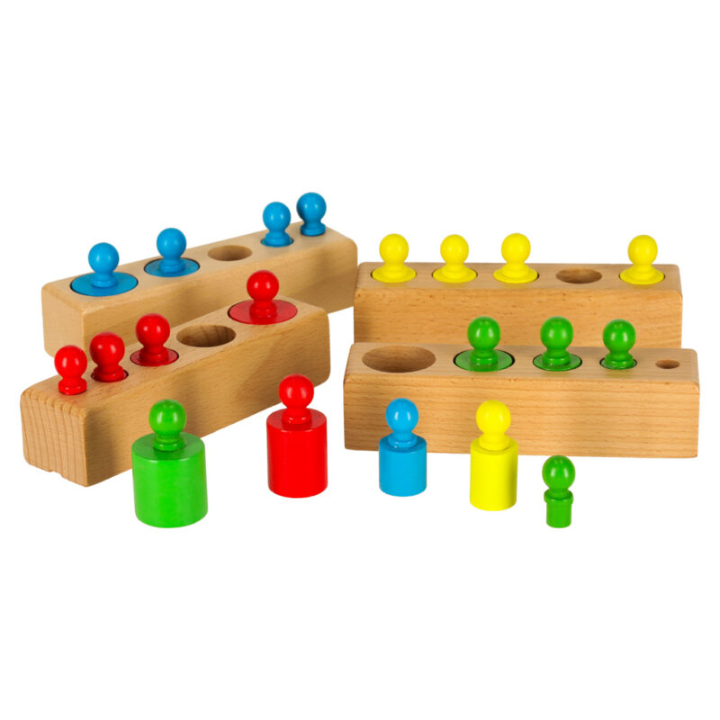 Medinė Montessori dėlionė vaikams „Spalvoti cilindrai“