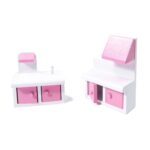 Medinis lėlių namelis su LED apšvietimu ir baldais 70cm, rožinis