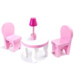 Medinis lėlių namelis su LED apšvietimu ir baldais 70cm, rožinis