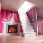 Medinis lėlių namelis su LED apšvietimu ir baldais 70cm, rožinis