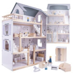 Medinis lėlių namelis su baldais 80cm, baltai pilkas