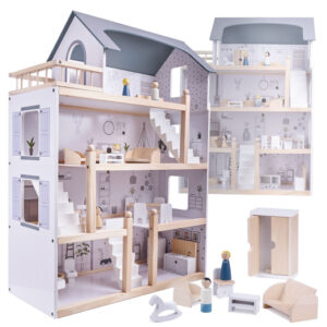 Medinis lėlių namelis su baldais 80cm, baltai pilkas