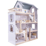 Medinis lėlių namelis su baldais 80cm, baltai pilkas