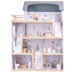 Medinis lėlių namelis su baldais 80cm, baltai pilkas