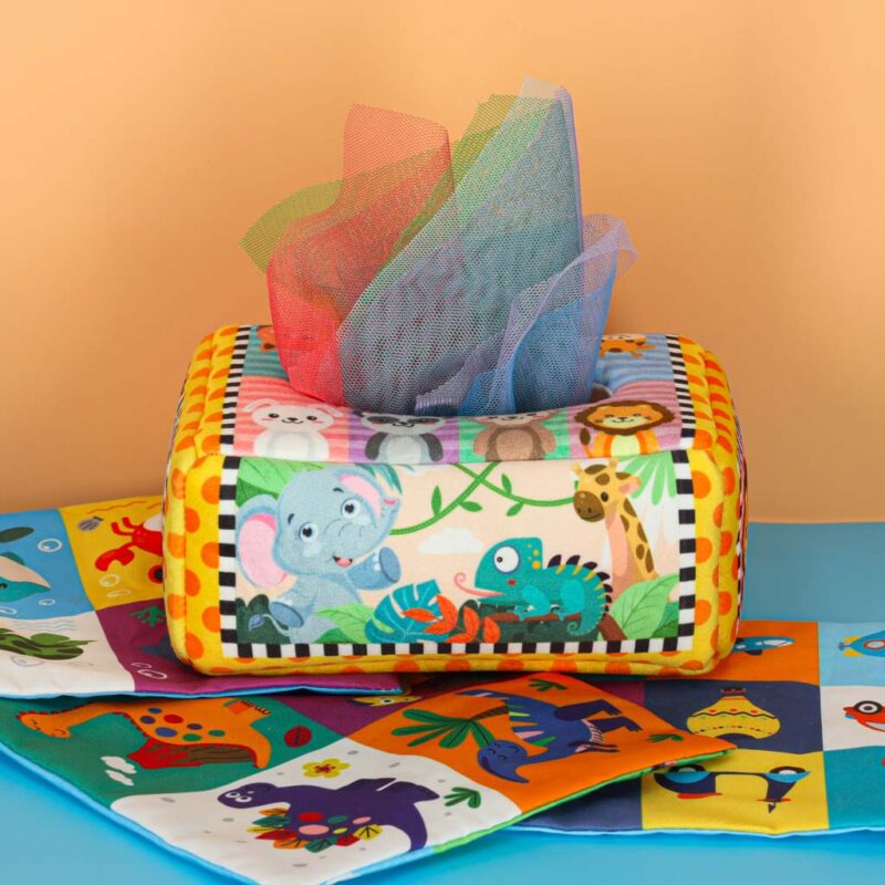 Montessori sensorinis žaislas „Servetėlių dėžutė“ kūdikiams