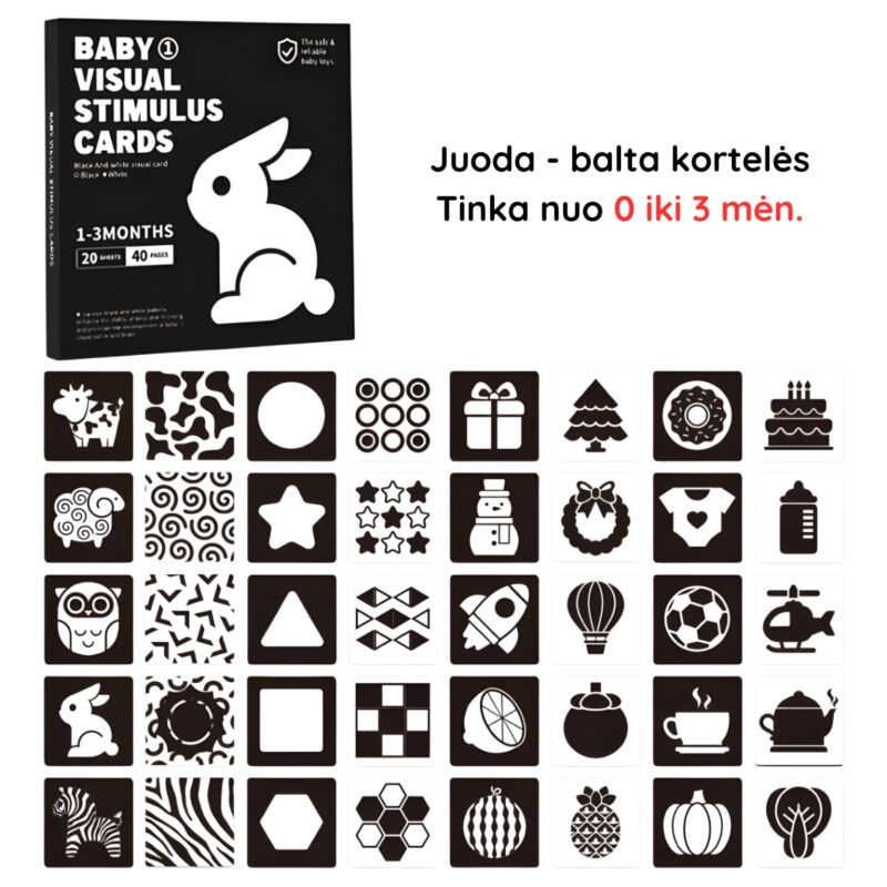 Juoda - balta kontrastinės kortelės kūdikiui 0-3 mėn. Juoda - balta kontrastinės kortelės kūdikiui 0-3 mėn.