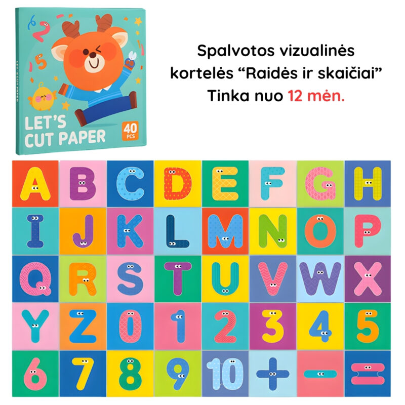 Spalvotos lavinamosios kortelės vaikams "Raidės ir skaičiai" 12+ mėn.
