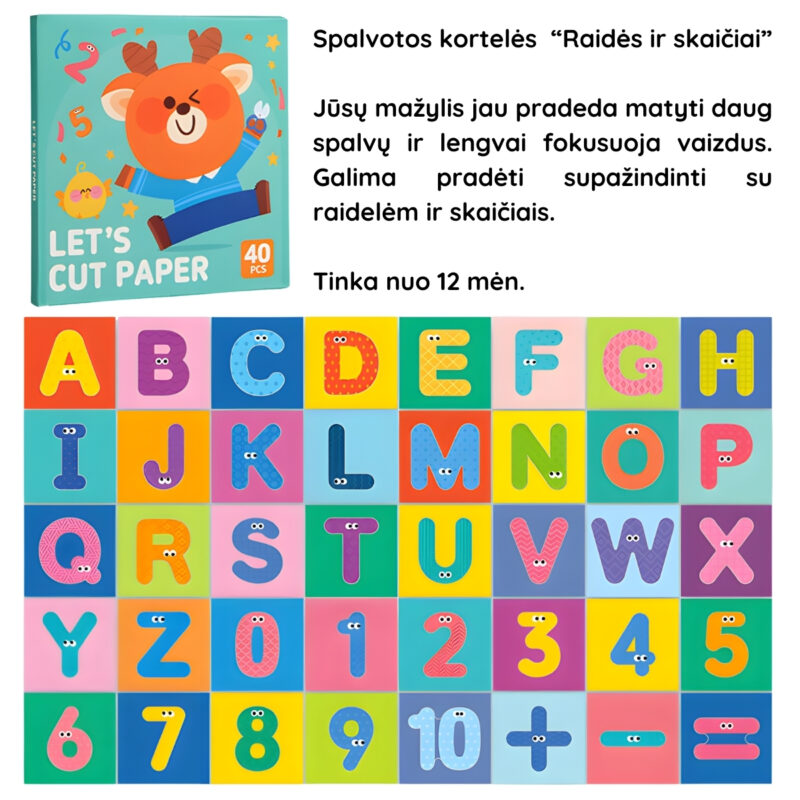 Spalvotos lavinamosios kortelės „Raidės ir skaičiai“ 12 mėn.