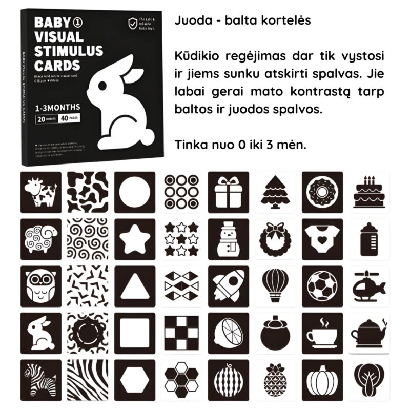 Juoda - balta kontrastinės kortelės kūdikiui 0-3 mėn.