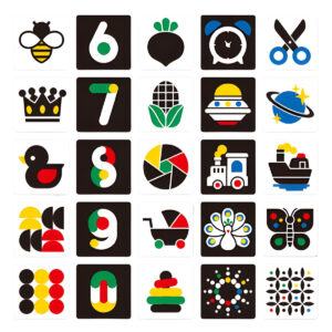 Spalvotos kontrastinės kortelės kūdikiui 3-6 mėn.