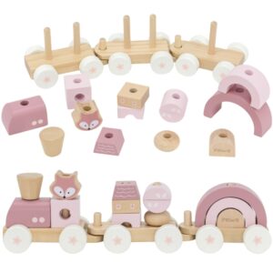 Medinis traukinukas su kaladėlėmis (17 det.), rožinis