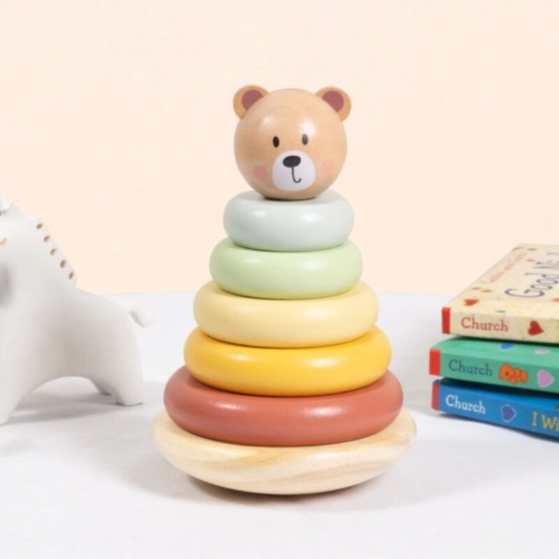 Tooky Toy medinė spalvota žiedų rūšiuoklė "Meškiukas"
