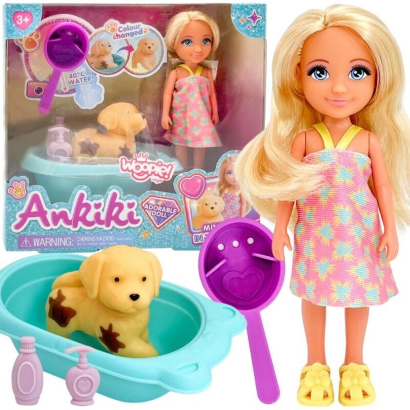 Lėlė „Ankiki“ ir jos šuniuku ir priežiūros rinkiniu vaikams