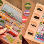 Medinė dėlionė vaikams „Atspėk šešėlį: Transportas“ – Viga