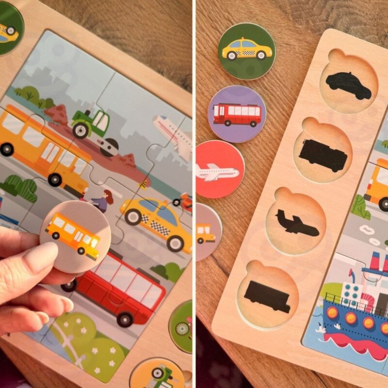 Medinė dėlionė vaikams „Atspėk šešėlį: Transportas“ – Viga