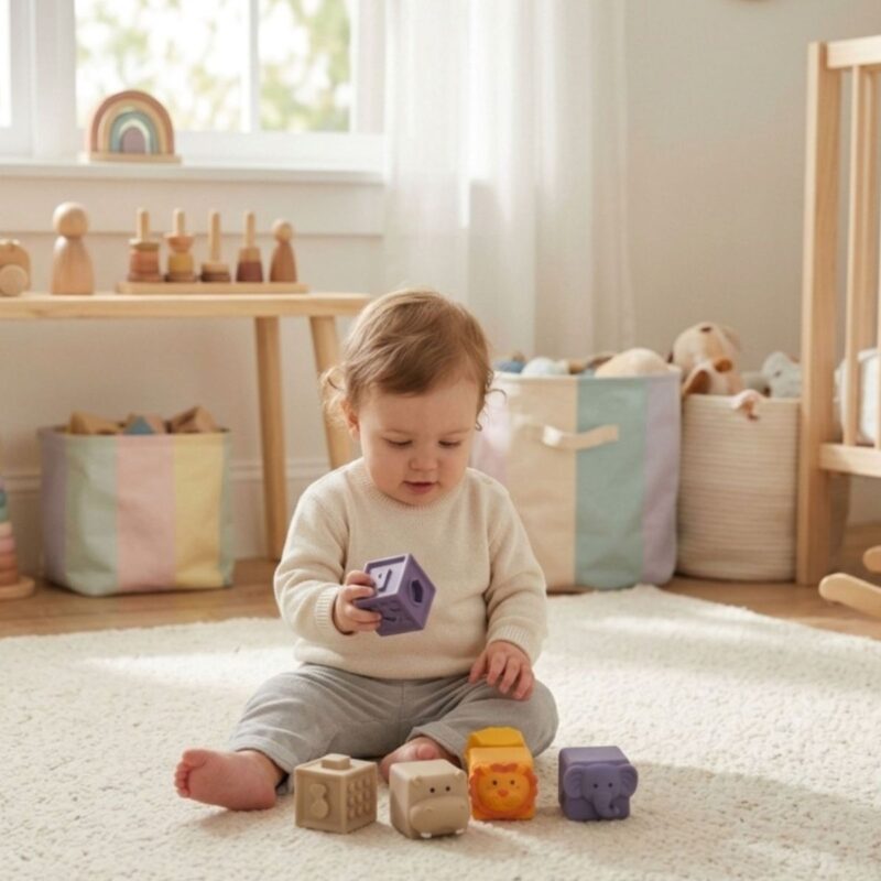 Minkštų sensorinių kaladėlių rinkinys vaikams – Woopie Baby