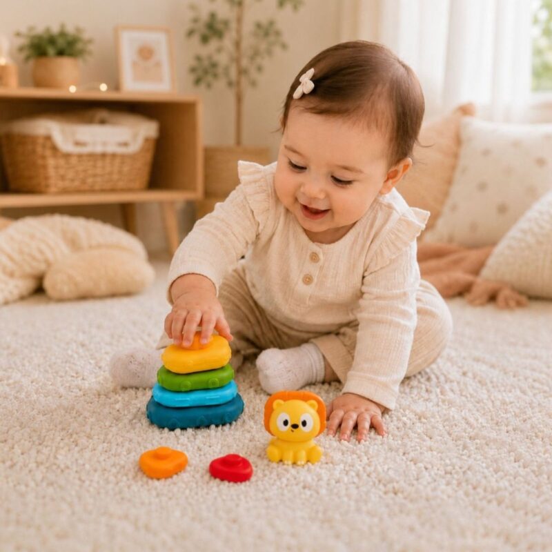 Minkštų žiedų piramidė kūdikiams „Liūtukas“ – Woopie Baby